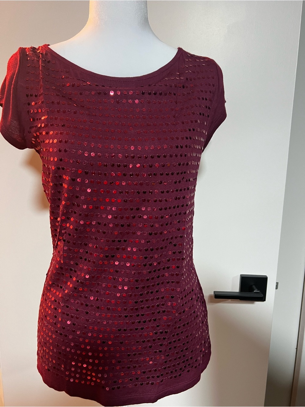 Anna Wine Red Short Sleeve Sequin Tee